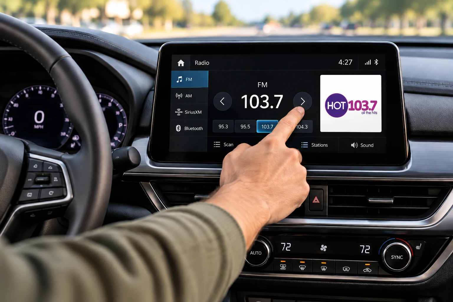 Driver tuning a car radio to Hot 103.7